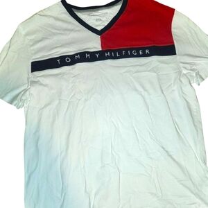Vintage Tommy Hilfiger Men's White and Red V-Neck Shirt